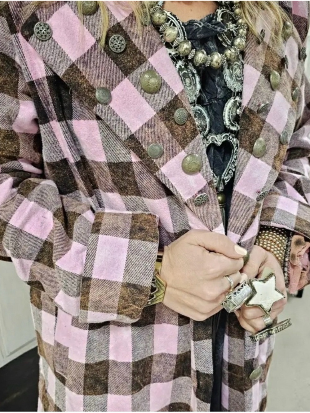 A Rare Bird| Pink and Brown Oversized Trench Coat with Plaid Pattern